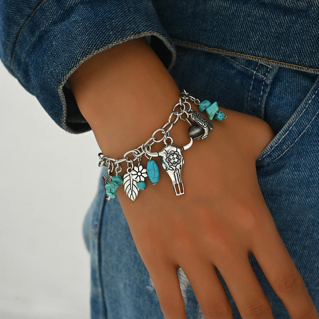 Vintage Silver Boho Turquoise Charm Bracelet