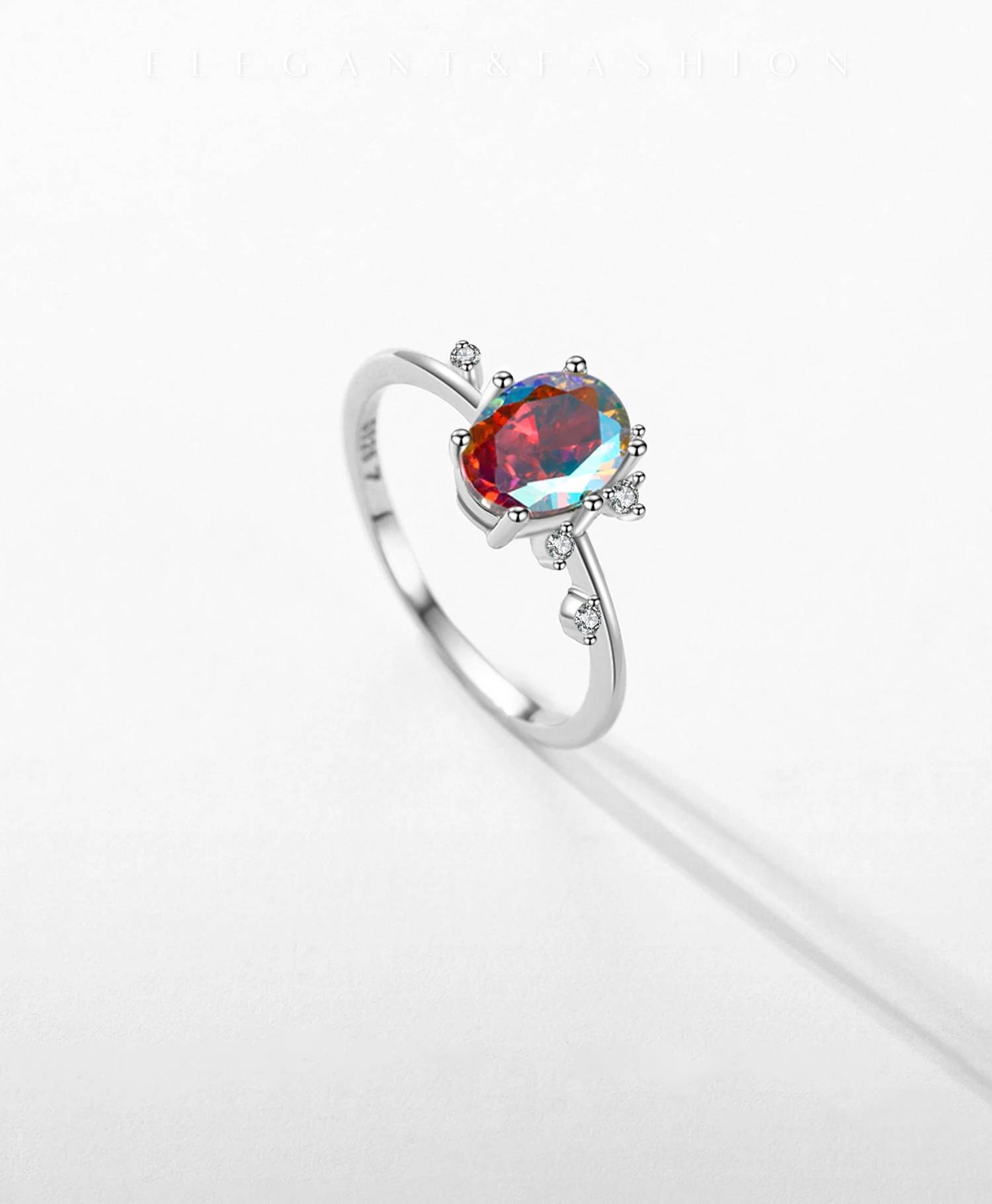 925 Sterling Silver Oval Rainbow Zirconia Jewelry Set (Ring, Earrings & Necklace)