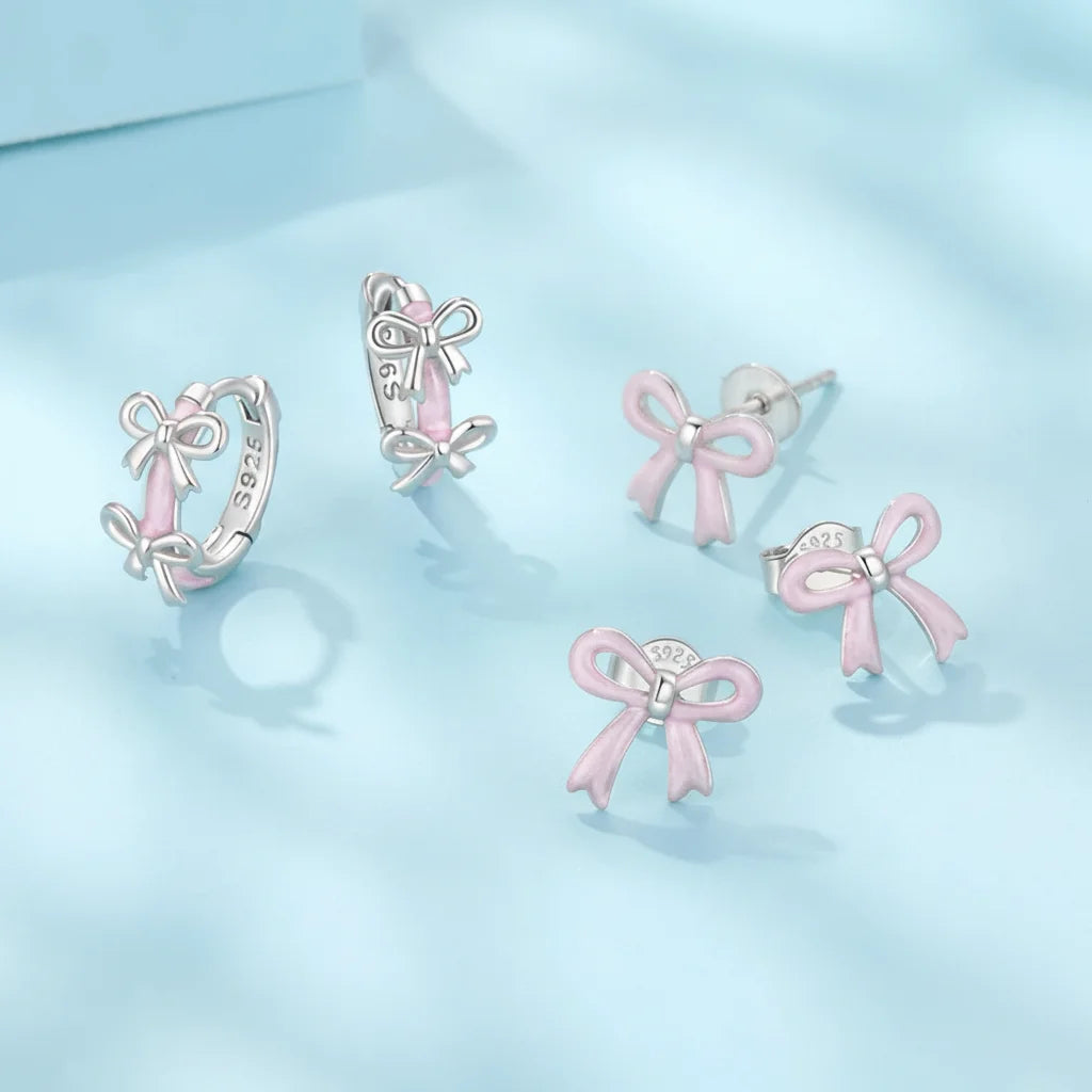 925 Sterling Silver Pink Bow Hoop Earrings
