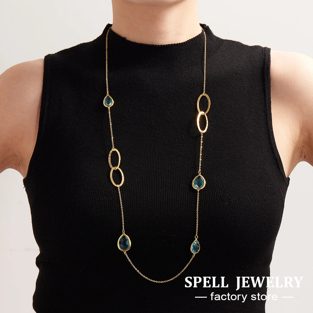 18K Gold Plated Long Sweater Chain Necklace with Faceted Glass Droplet Pendant