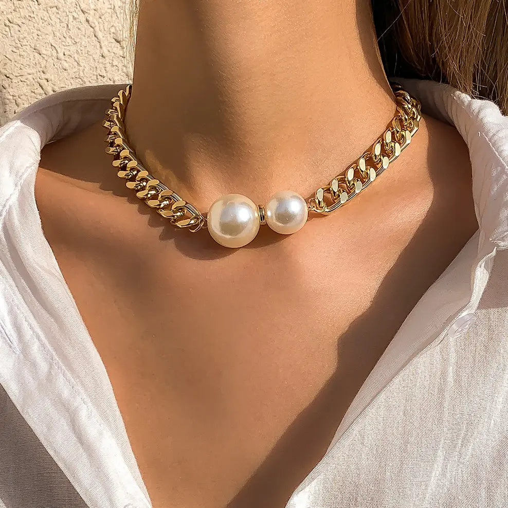 Vintage Cuban Chain Choker with Imitation Pearl Pendant