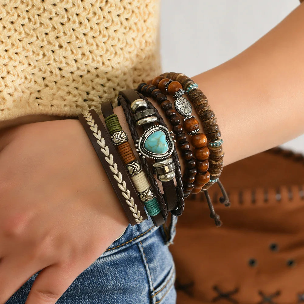 Boho Turquoise Heart & Wood Beaded Leather Bracelet Set