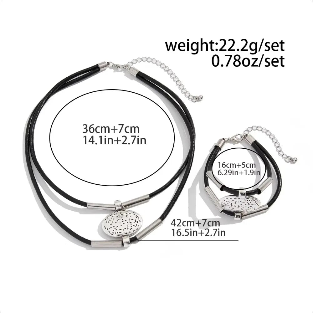 Vintage Oval Leather Necklace & Bracelet Set – Gold Double-Layer Rope Design