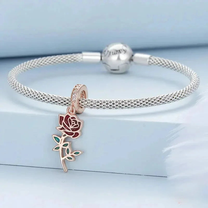925 Sterling Silver Rose Gold Flower & Tower Heart Charm