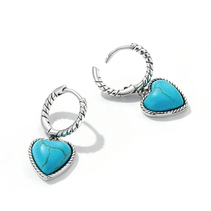 925 Sterling Silver Blue Heart Turquoise Twist Hoop Earrings
