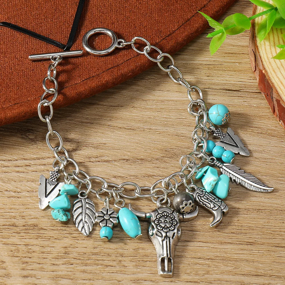 Vintage Silver Boho Turquoise Charm Bracelet