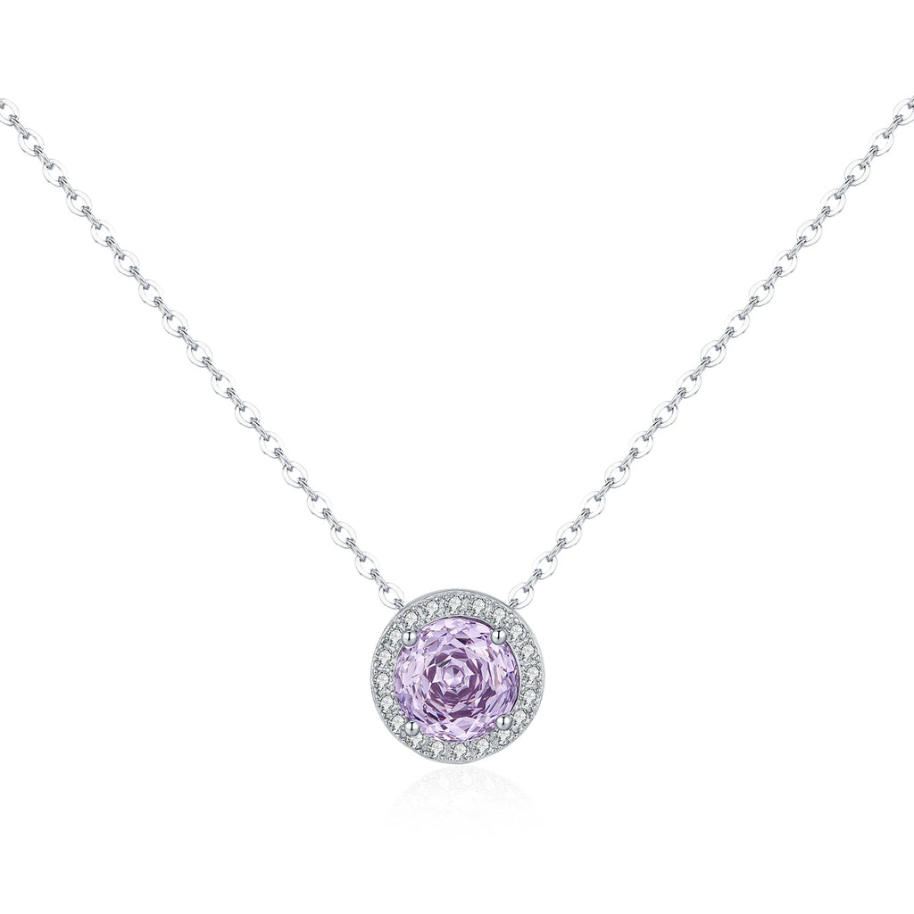 925 Sterling Silver Lavender Zirconia Round Pendant Necklace