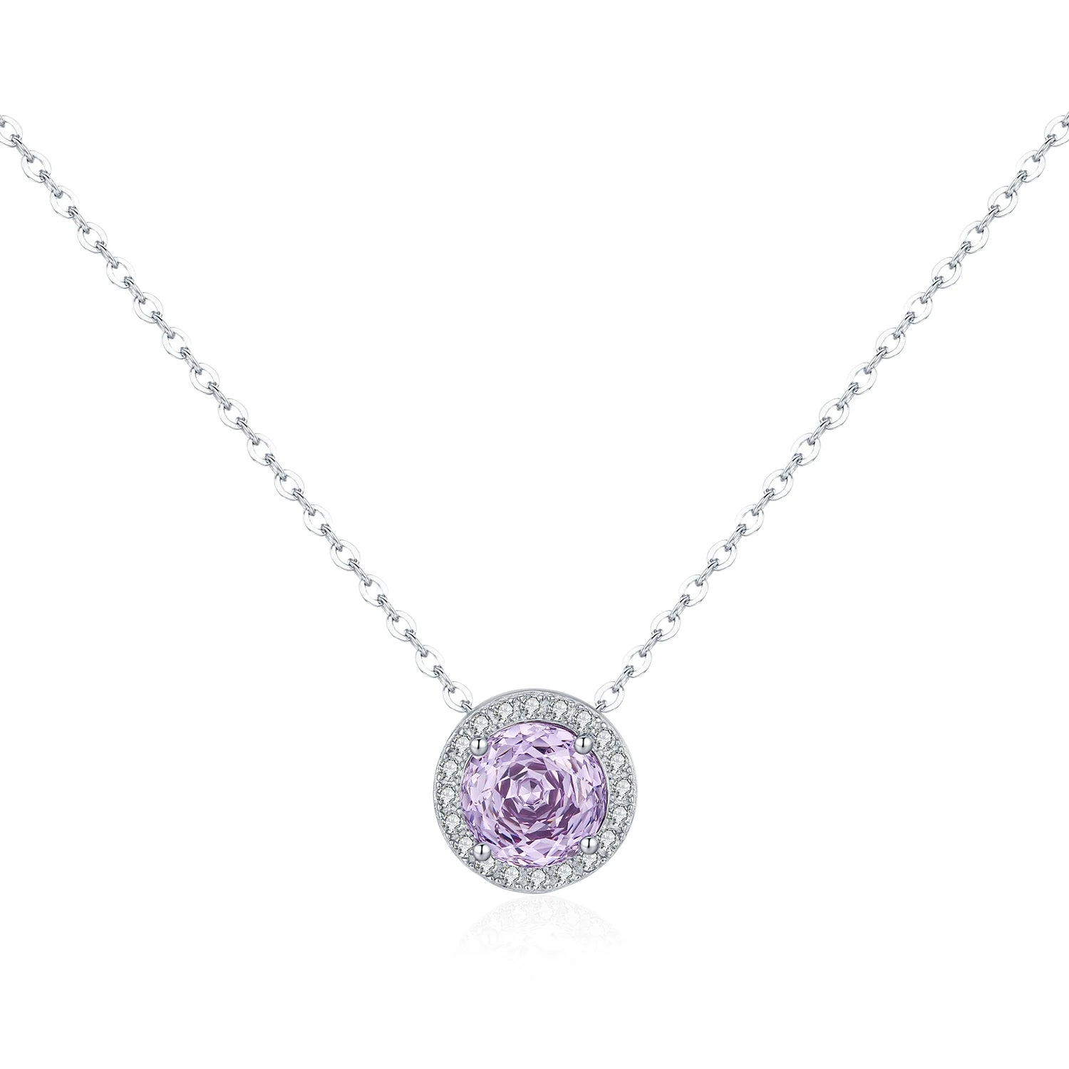 925 Sterling Silver Lavender Zirconia Round Pendant Necklace