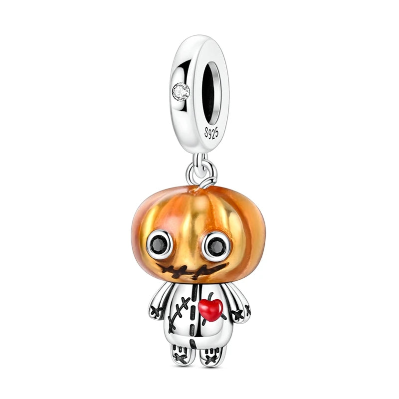 925 Sterling Silver Halloween Pumpkin & Skull Charm Bead
