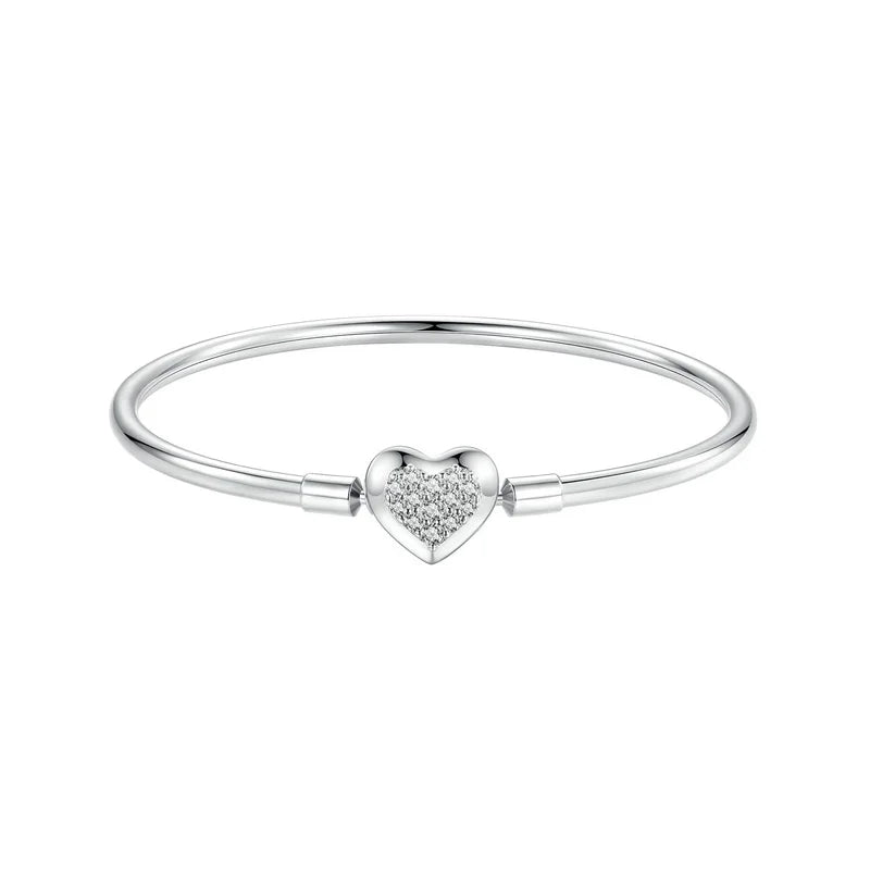 925 Sterling Silver Glossy Heart & Shell Clasp Bangle Bracelet