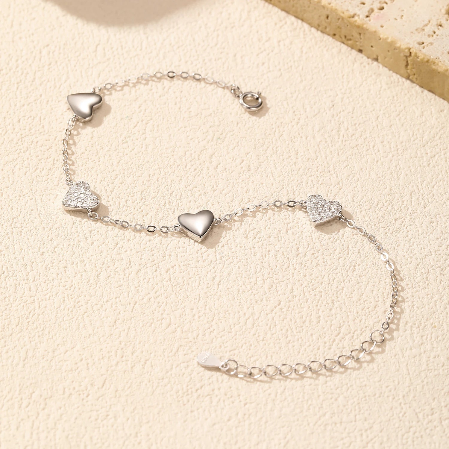 925 Sterling Silver Zirconia Hearts Bracelet