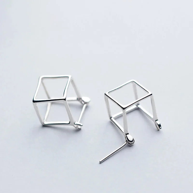 925 Sterling Silver Geometric 3D Square Stud Earrings