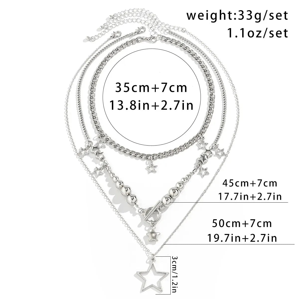 Vintage Silver Star Pendant Choker Necklace Set (3 Pcs)