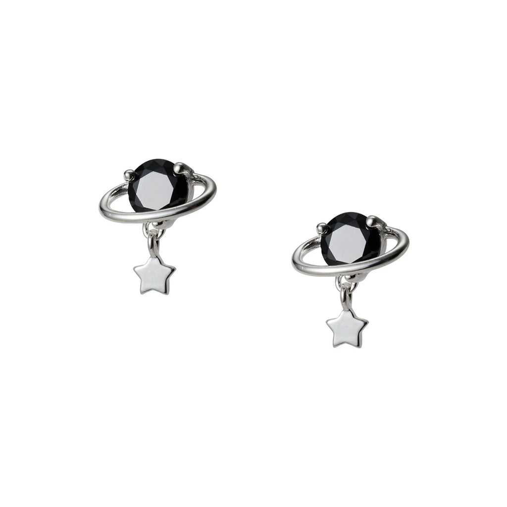 925 Sterling Silver Black Crystal Planet Stud Earrings