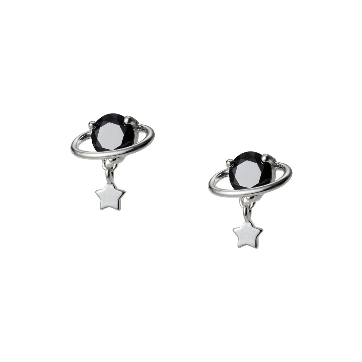 925 Sterling Silver Black Crystal Planet Stud Earrings