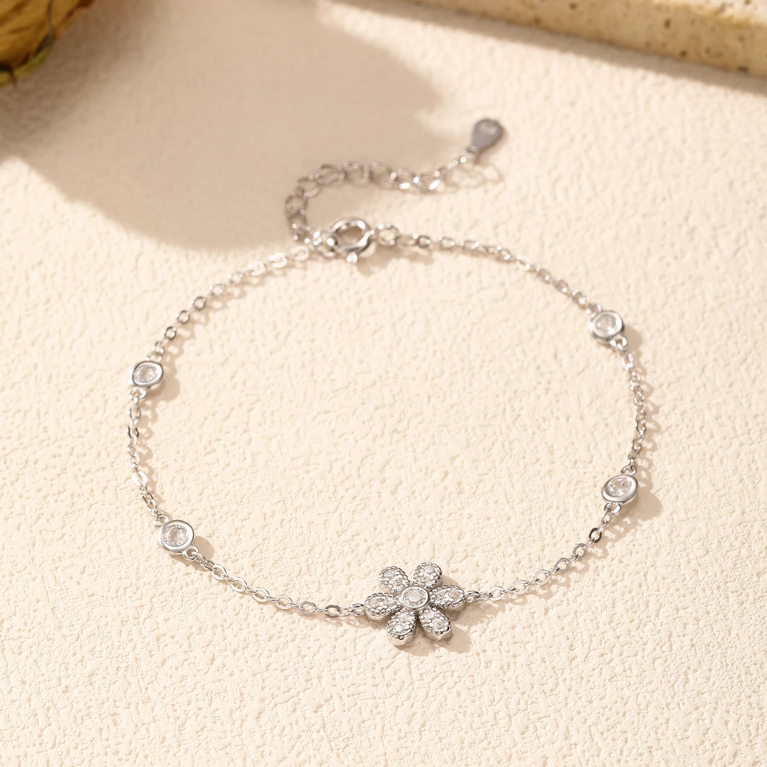 925 Sterling Silver Clear CZ Flower Bracelet