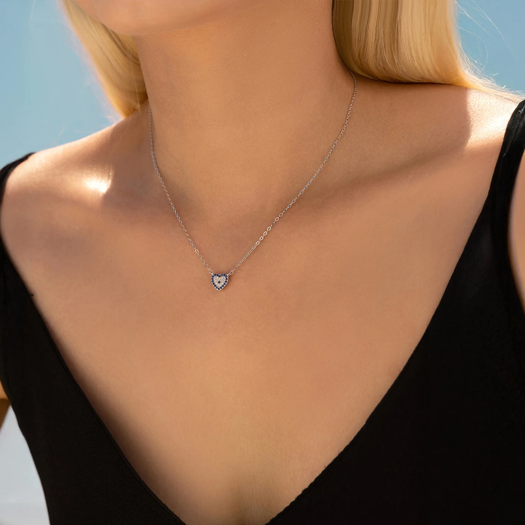 925 Sterling Silver Blue Eye Heart Palm Pendant Necklace