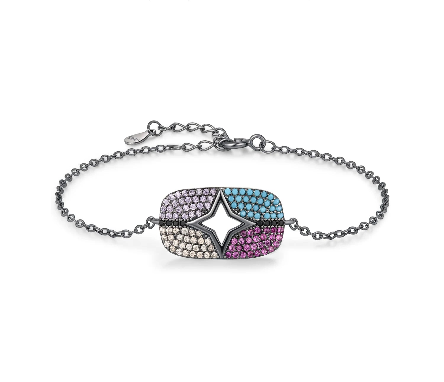 925 Sterling Silver Turquoise & CZ Stars Link Chain Bracelet