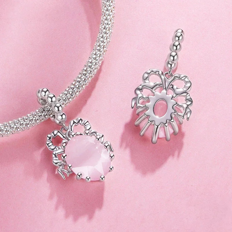 925 Sterling Silver Pink Cherry Bow Charm