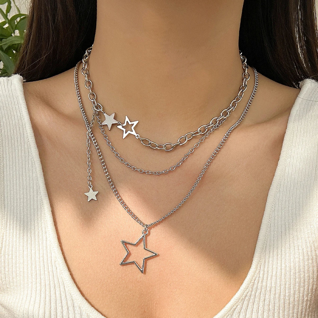 Y2K Star Pendant Layered Metal Chain Necklace