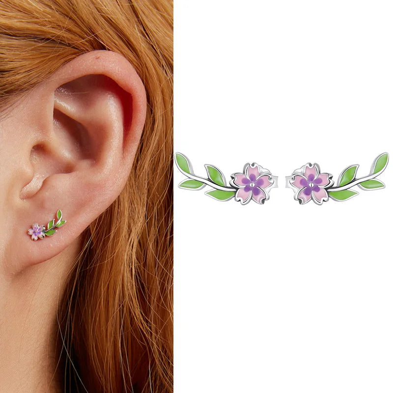 925 Sterling Silver Spring Flower & Swallow Hoop Earrings