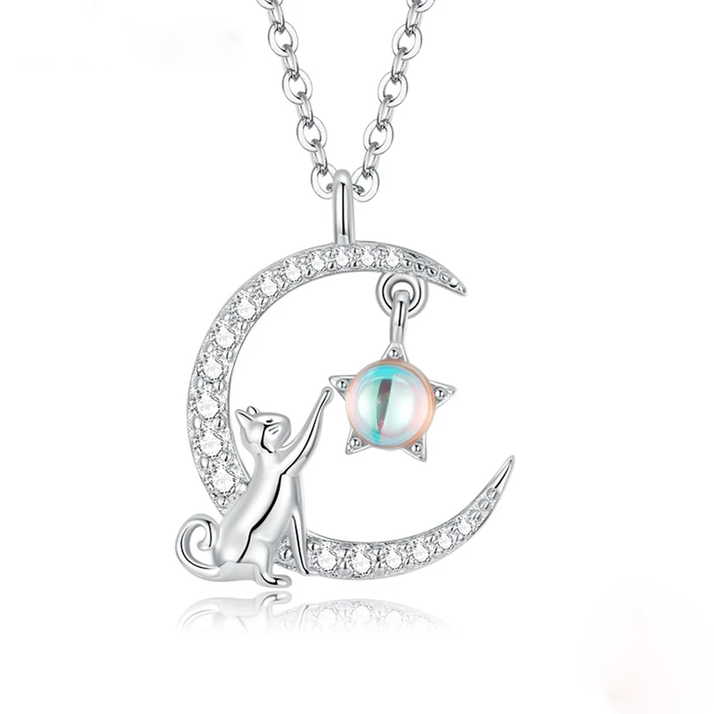 925 Sterling Silver Cute Cat Moon Pendant Necklace