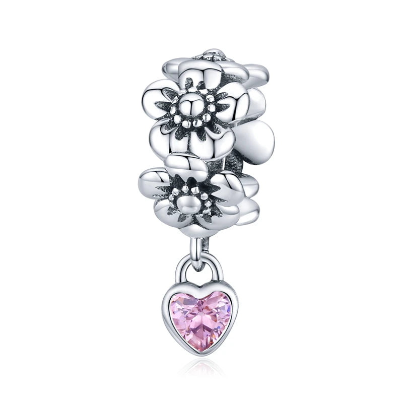 925 Sterling Silver Pink Zircon Vine Heart Charm