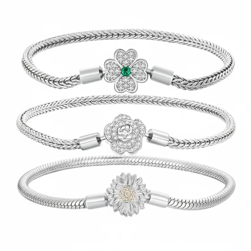 925 Sterling Silver Rose Buckle Snake Chain Charm Bracelet