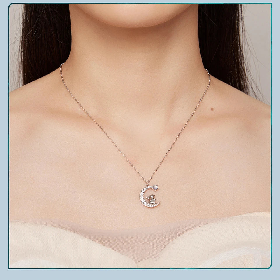 925 Sterling Silver Cute Cat Moon Pendant Necklace