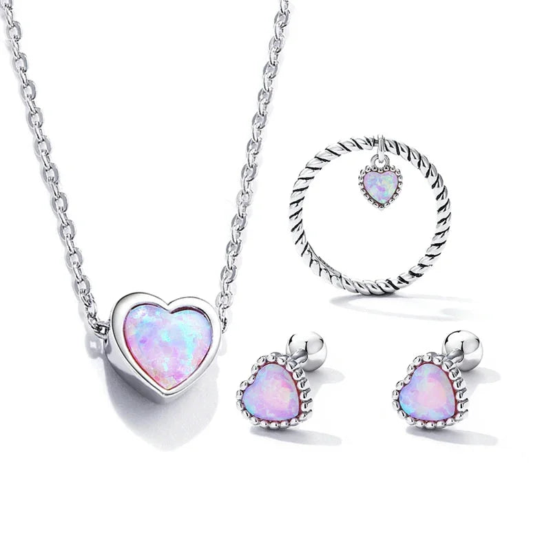 925 Sterling Silver Pink Opal Heart Jewelry Set