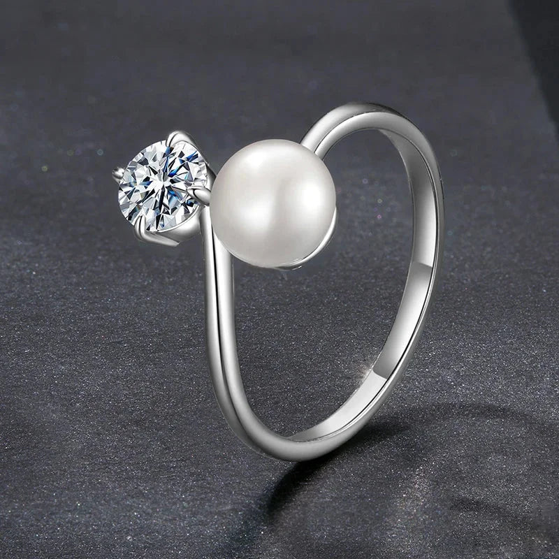 925 Sterling Silver Freshwater Pearl & Moissanite Open Ring