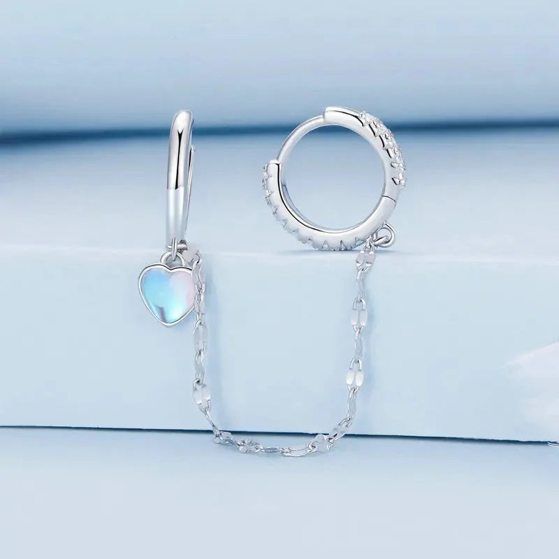 925 Sterling Silver Heart Moonstone Tassel Hoop Earrings
