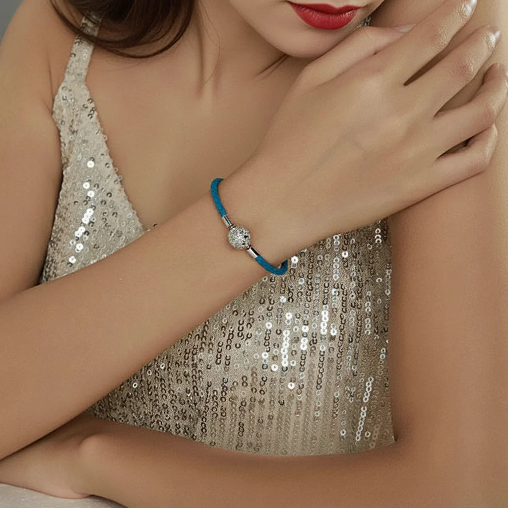 925 Sterling Silver Snowflake Clip Blue Leather Charm Bracelet