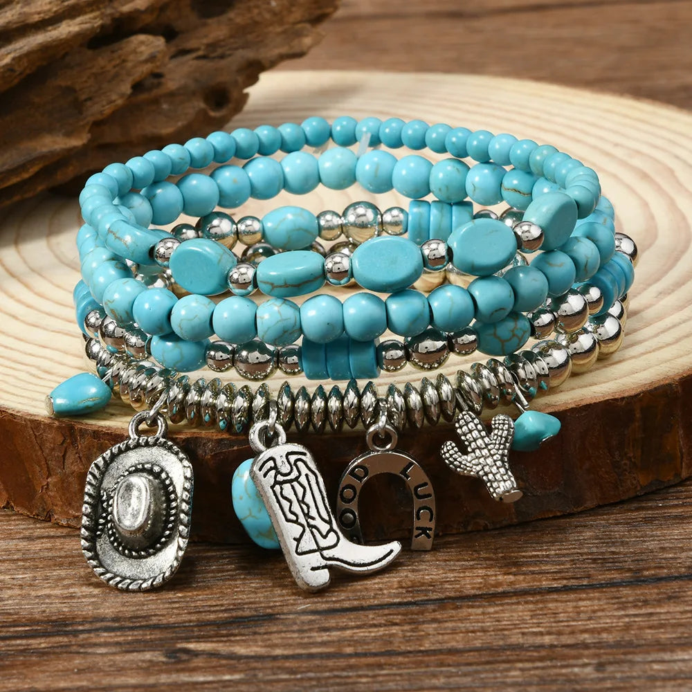 Boho Turquoise Beaded Charm Bracelet Set
