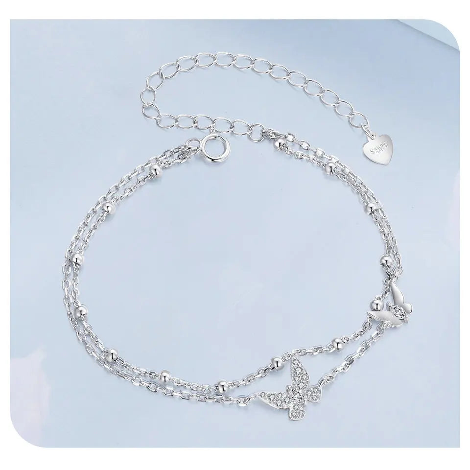 925 Sterling Silver Double-Layer Butterfly CZ Bracelet