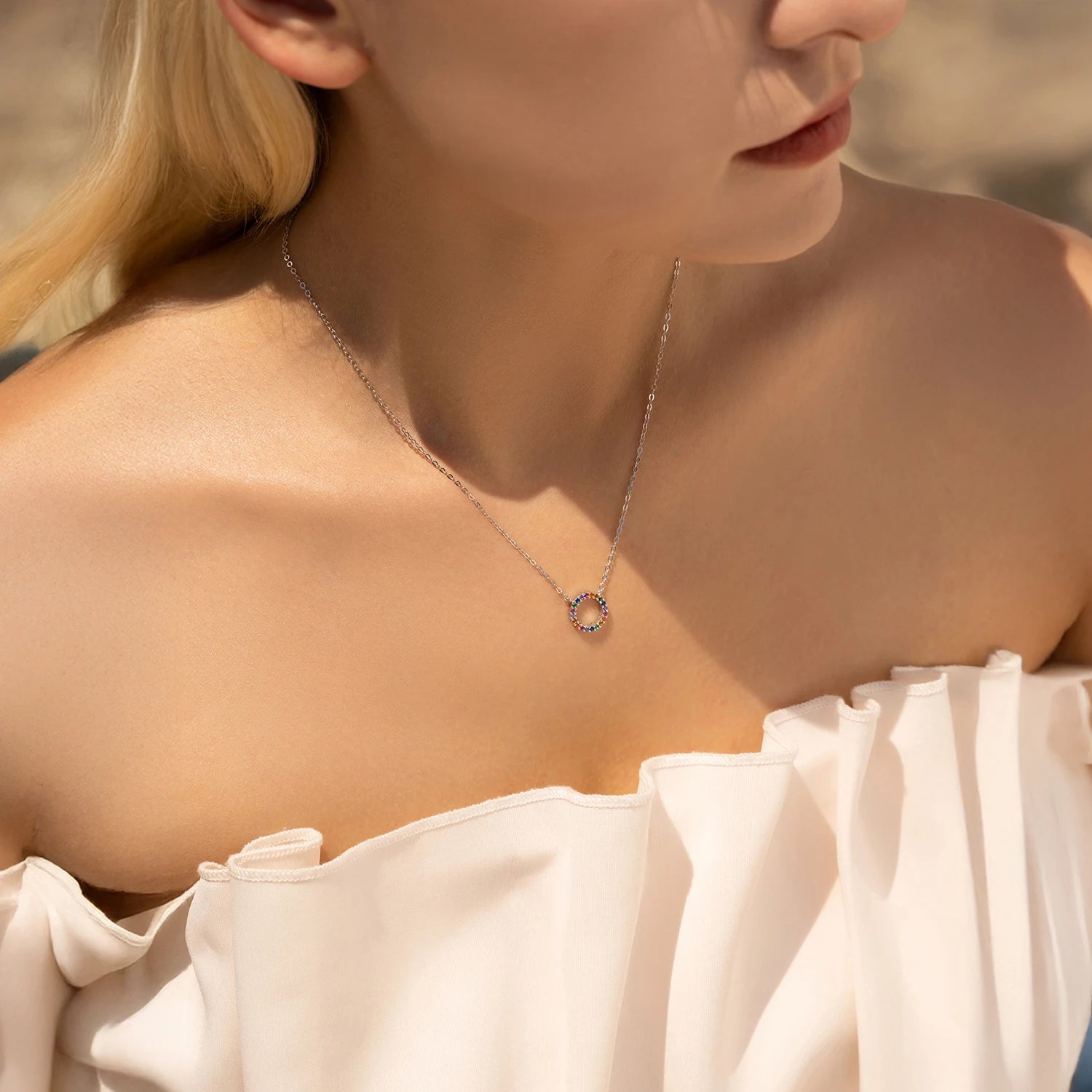 925 Sterling Silver Colorful CZ Circle Pendant Necklace