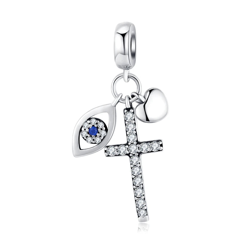 925 Sterling Silver Family Heart Cross Charm