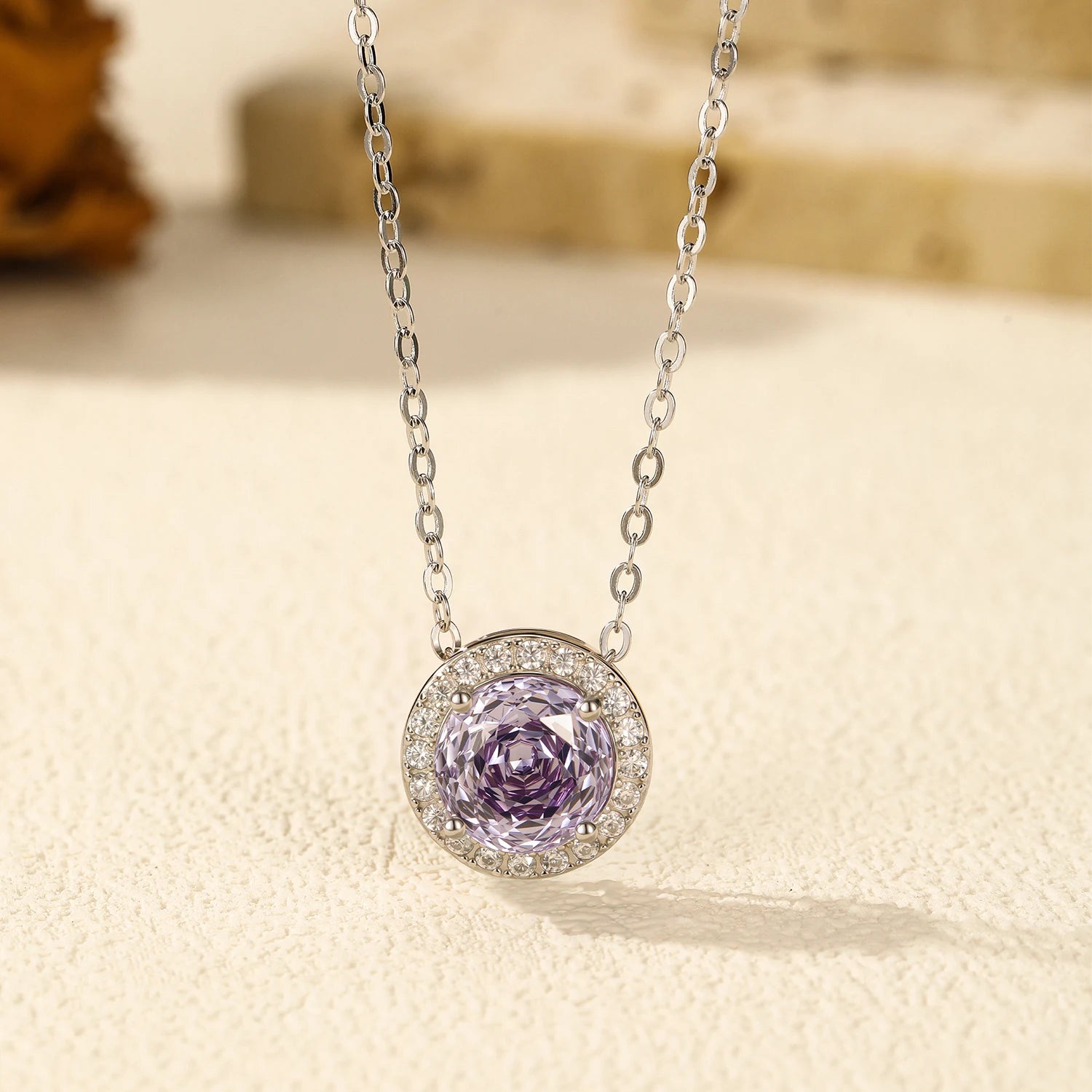 925 Sterling Silver Lavender Zirconia Round Pendant Necklace