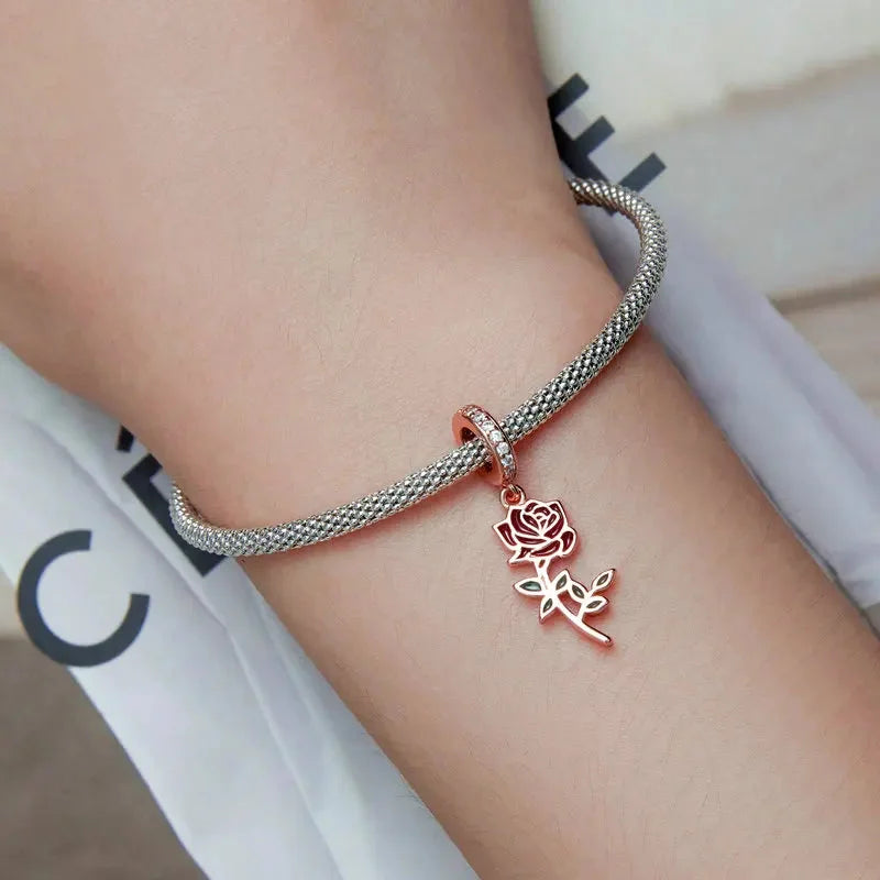 925 Sterling Silver Rose Gold Flower & Tower Heart Charm