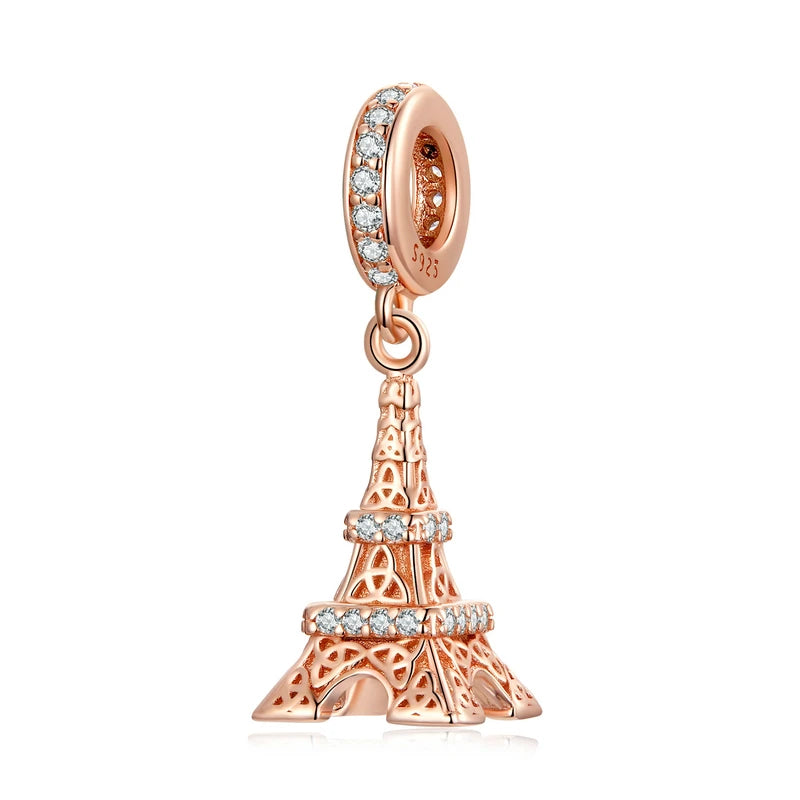925 Sterling Silver Rose Gold Flower & Tower Heart Charm