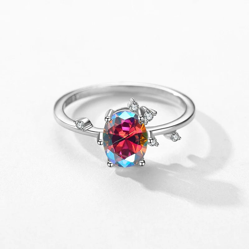 925 Sterling Silver Oval Rainbow Zirconia Jewelry Set (Ring, Earrings & Necklace)