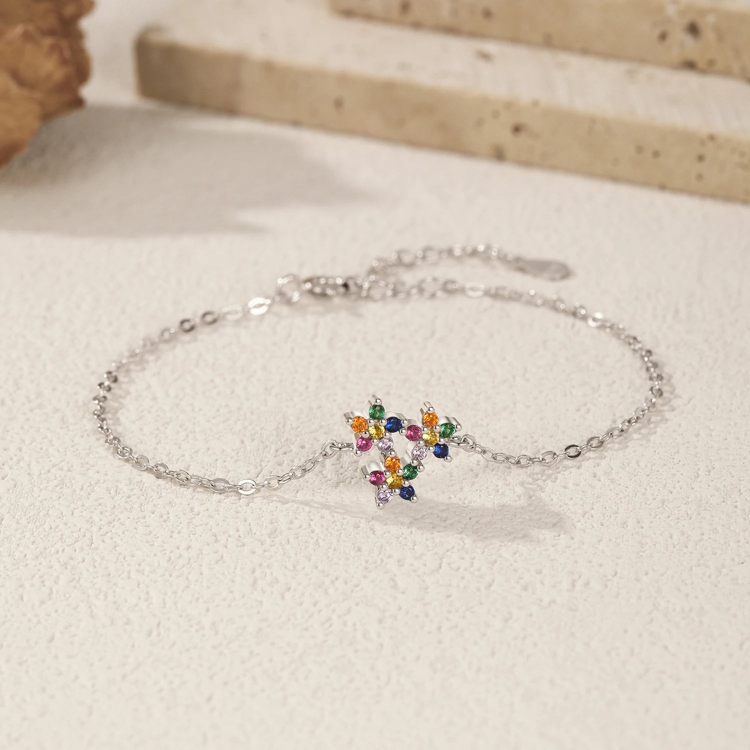 925 Sterling Silver Rainbow Zirconia Flower Bracelet