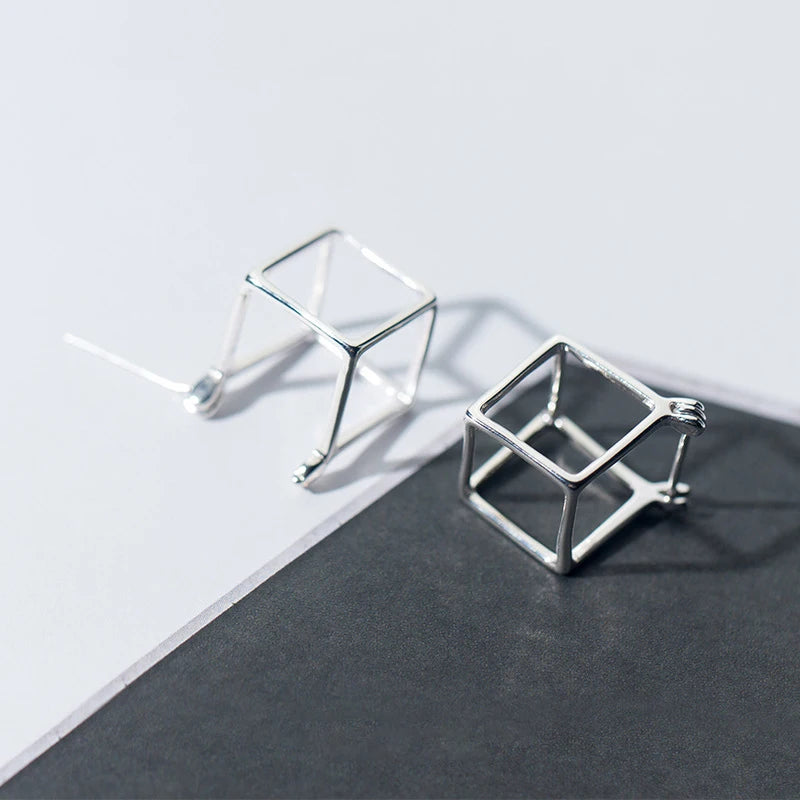 925 Sterling Silver Geometric 3D Square Stud Earrings