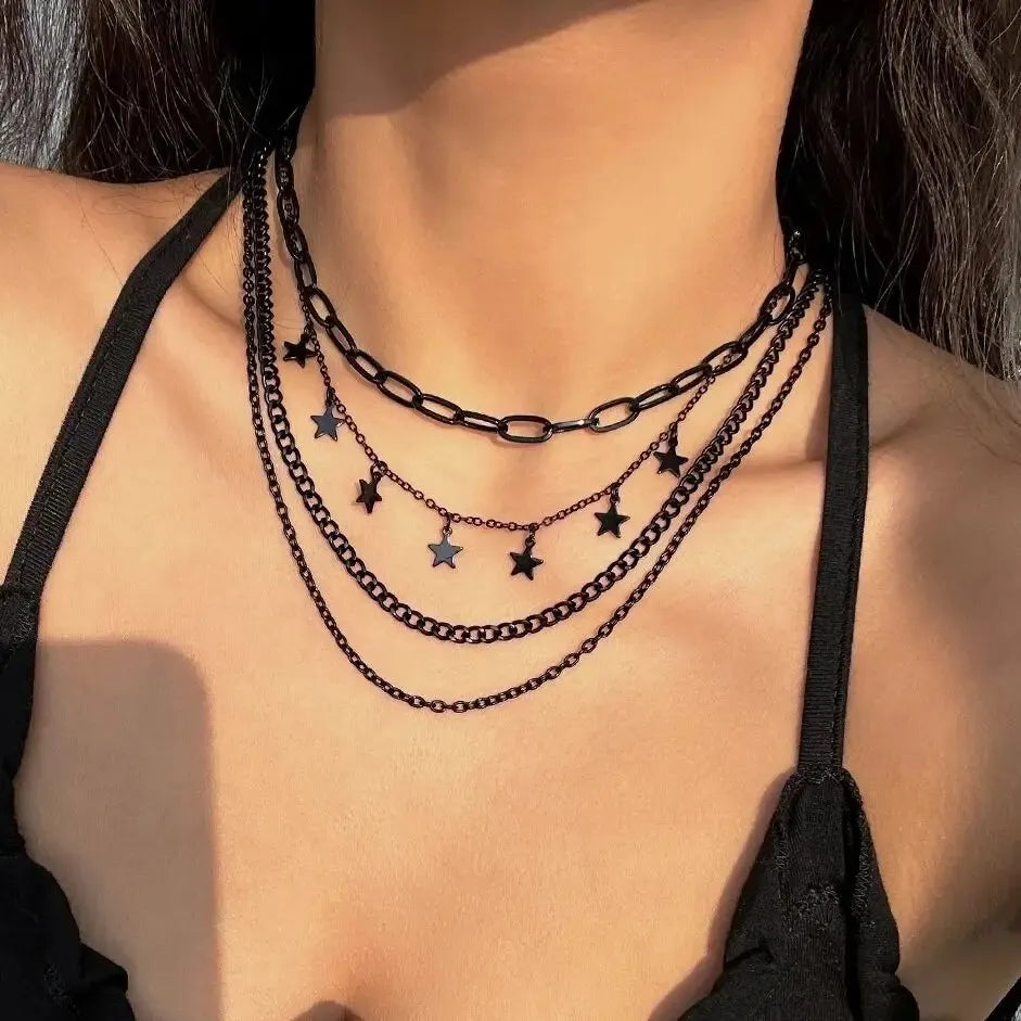 Black Star Tassel Choker Necklace Set (4 Pcs)