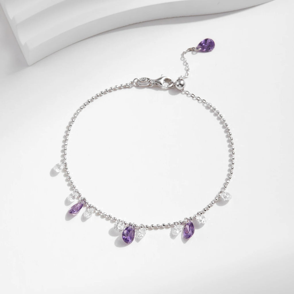 925 Sterling Silver Purple Zirconia Water Drop Bead Bracelet