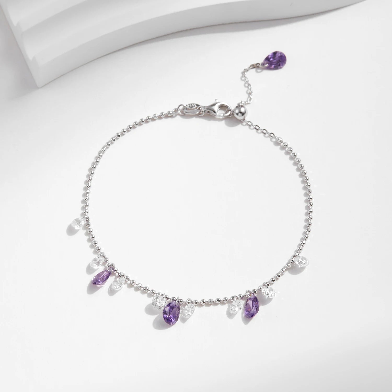 925 Sterling Silver Purple Zirconia Water Drop Bead Bracelet
