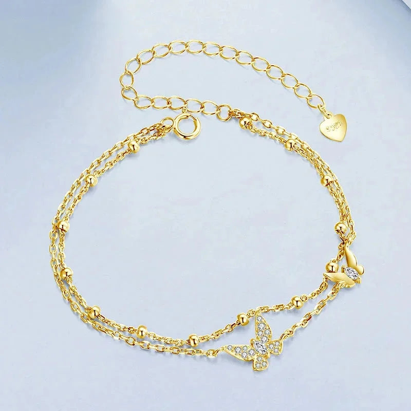 925 Sterling Silver Double-Layer Butterfly CZ Bracelet