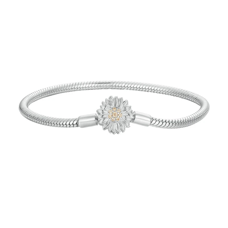 925 Sterling Silver Rose Buckle Snake Chain Charm Bracelet