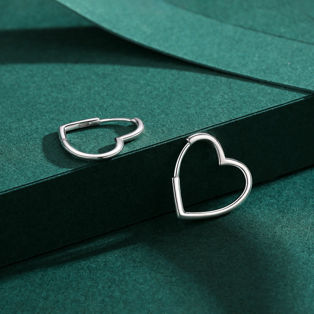 925 Sterling Silver Glossy Heart Hoop Earrings