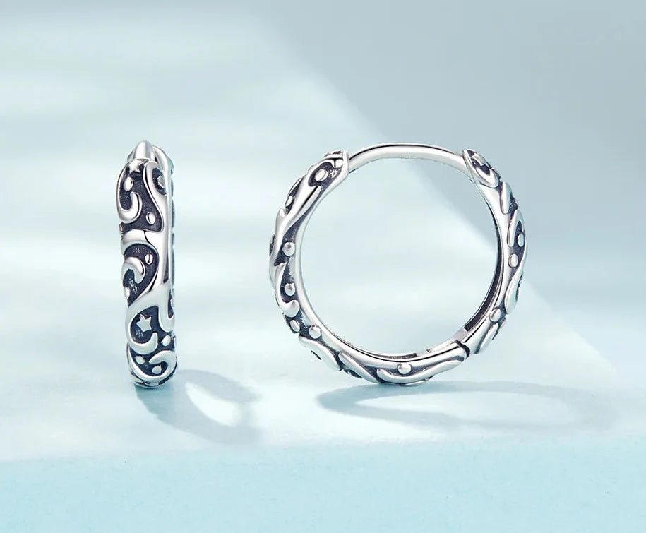 925 Sterling Silver Vintage Flower Pattern Hoop Earrings